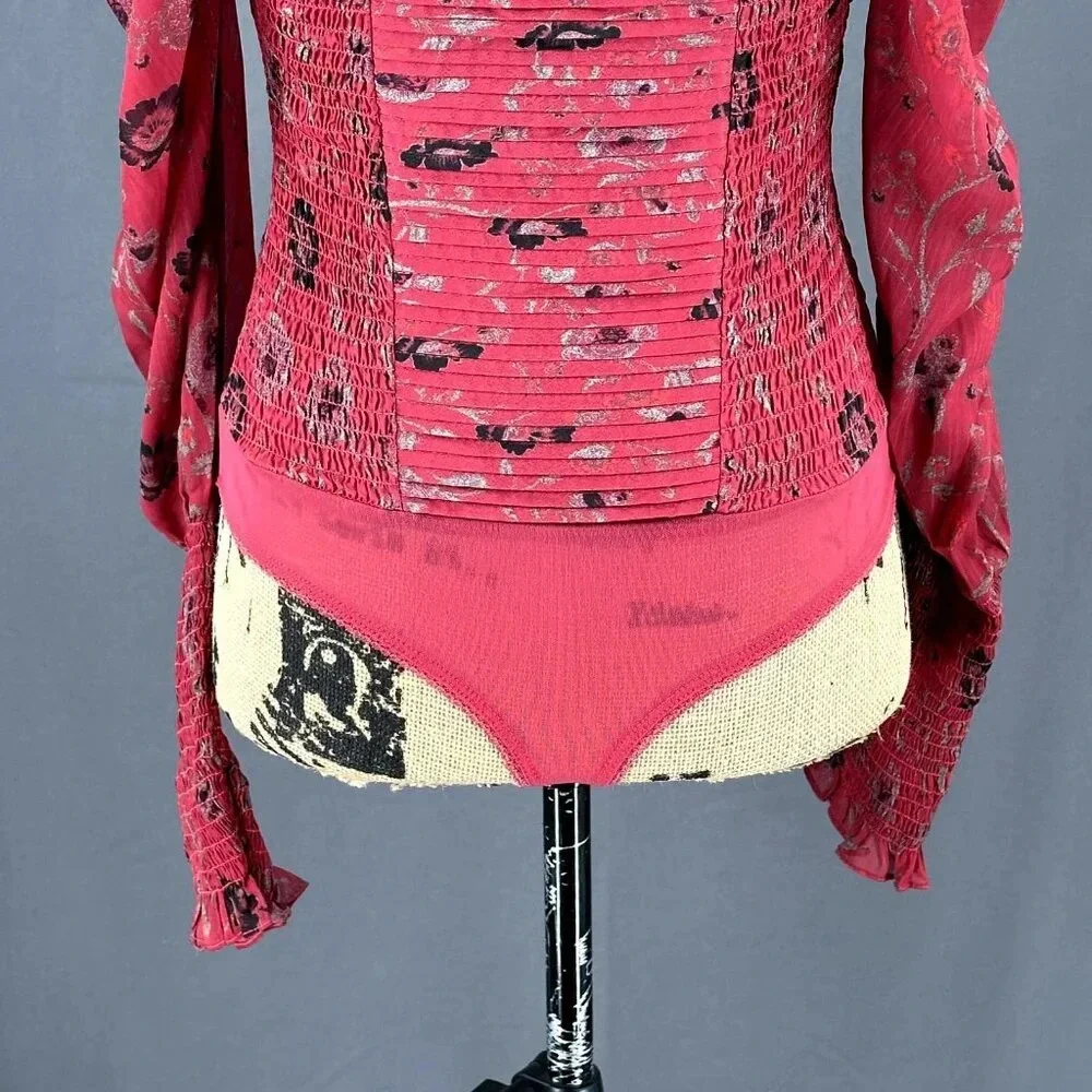 Free People‎ Bodysuit Women S? Floral Sweatheart Neck Ruched Flirty Date Night